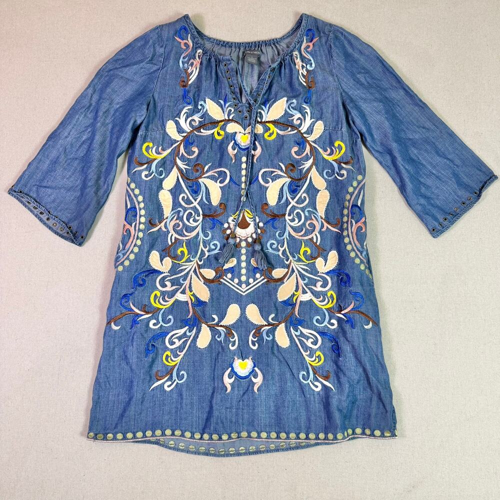 Embroidered Tencel Chambray Tunic Peasant Dress Women's S Boho Festival Cottage - Picture 5 of 14